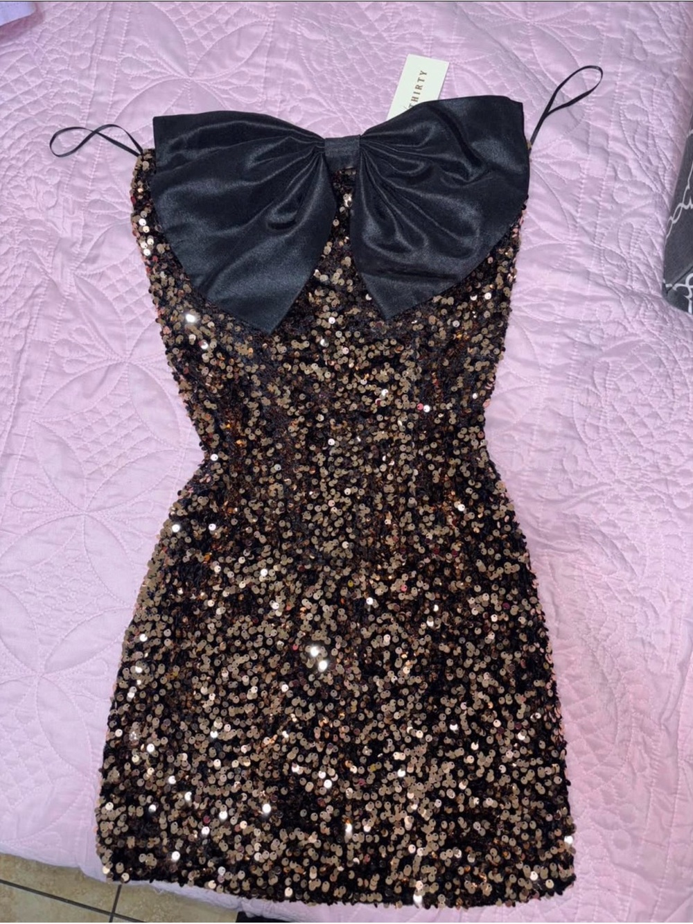 Black and Gold Sequin Party Dress with Bow